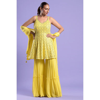 "Two Sisters" by Gyans Yellow Chikankari Georgette Kurti with Gharara & Dupatta (Set of 3)