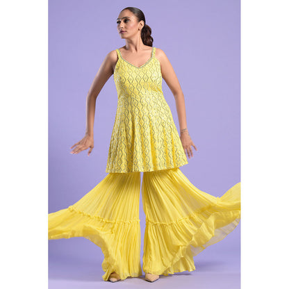 "Two Sisters" by Gyans Yellow Chikankari Georgette Kurti with Gharara & Dupatta (Set of 3)