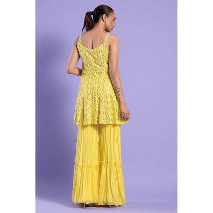 "Two Sisters" by Gyans Yellow Chikankari Georgette Kurti with Gharara & Dupatta (Set of 3)