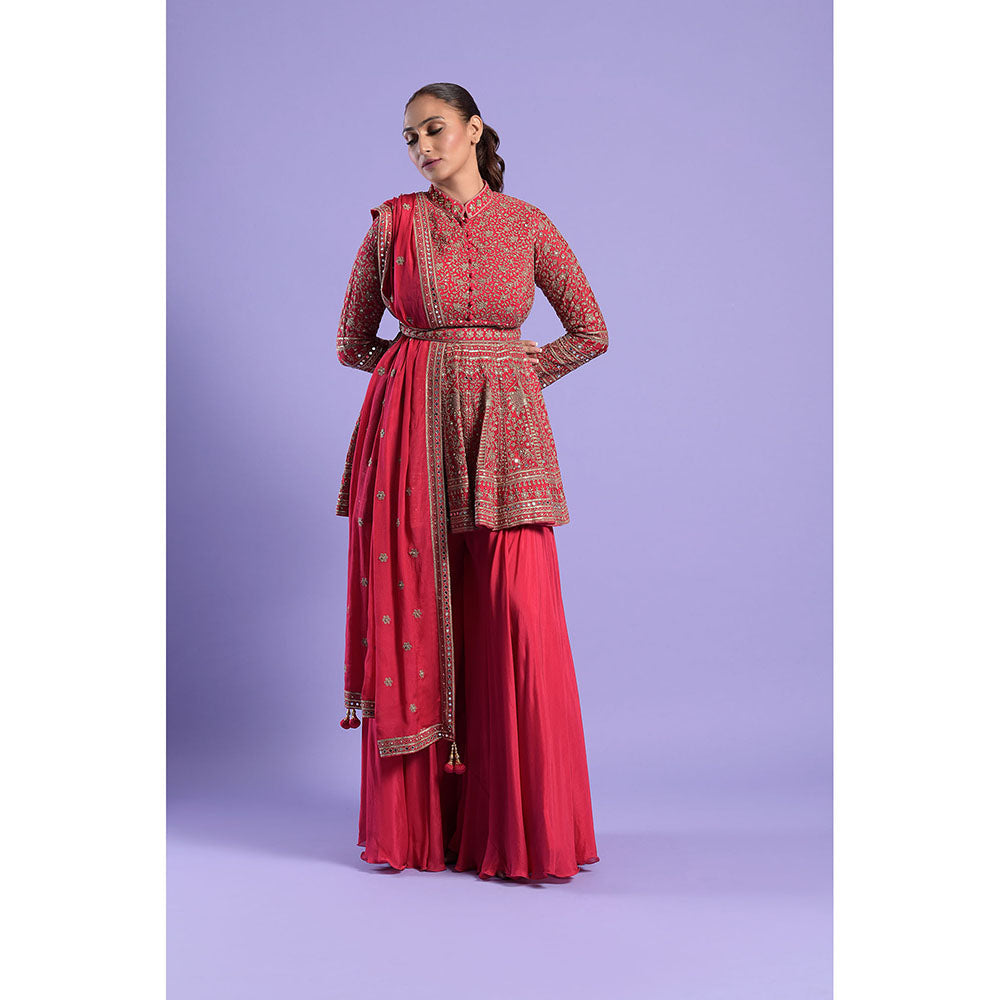 "Two Sisters" by Gyans Red Georgette Kurti, Dupatta with Sharara & Belt (Set of 4)