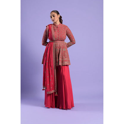 "Two Sisters" by Gyans Red Georgette Kurti, Dupatta with Sharara & Belt (Set of 4)