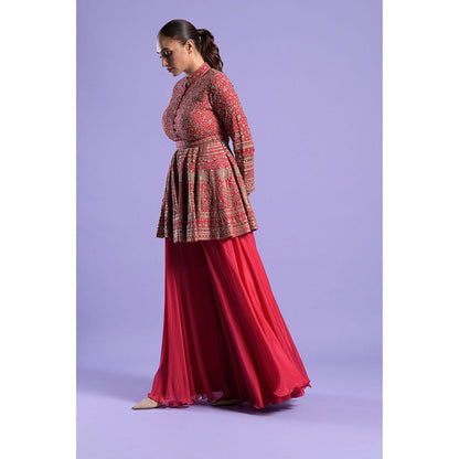 "Two Sisters" by Gyans Red Georgette Kurti, Dupatta with Sharara & Belt (Set of 4)