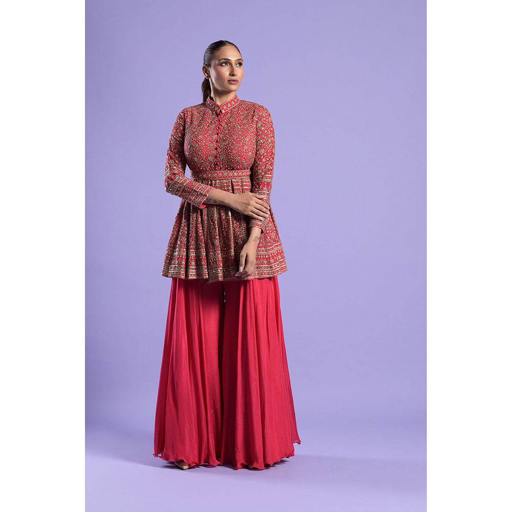 "Two Sisters" by Gyans Red Georgette Kurti, Dupatta with Sharara & Belt (Set of 4)