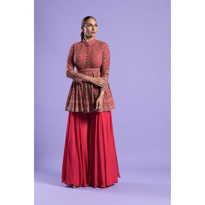 "Two Sisters" by Gyans Red Georgette Kurti, Dupatta with Sharara & Belt (Set of 4)