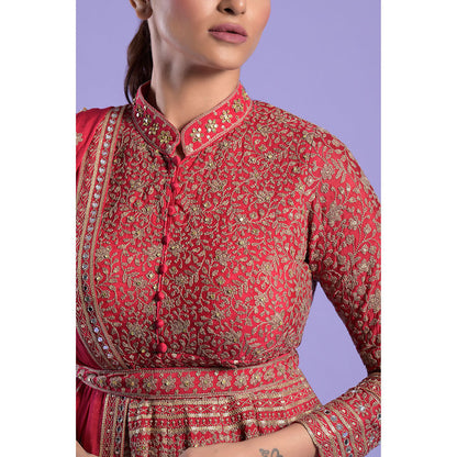 "Two Sisters" by Gyans Red Georgette Kurti, Dupatta with Sharara & Belt (Set of 4)