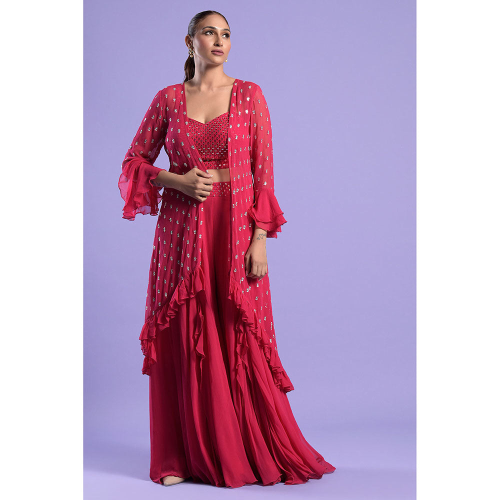 "Two Sisters" by Gyans Fuchsia Pink Embellished Crop Top with Cape & Palazzo (Set of 3)