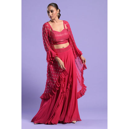 "Two Sisters" by Gyans Fuchsia Pink Embellished Crop Top with Cape & Palazzo (Set of 3)