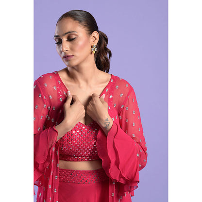 "Two Sisters" by Gyans Fuchsia Pink Embellished Crop Top with Cape & Palazzo (Set of 3)
