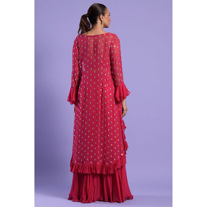 "Two Sisters" by Gyans Fuchsia Pink Embellished Crop Top with Cape & Palazzo (Set of 3)