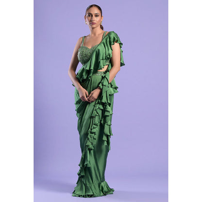 "Two Sisters" by Gyans Green Embellished Pre-Draped Saree with Blouse & Belt
