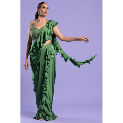 "Two Sisters" by Gyans Green Embellished Pre-Draped Saree with Blouse & Belt