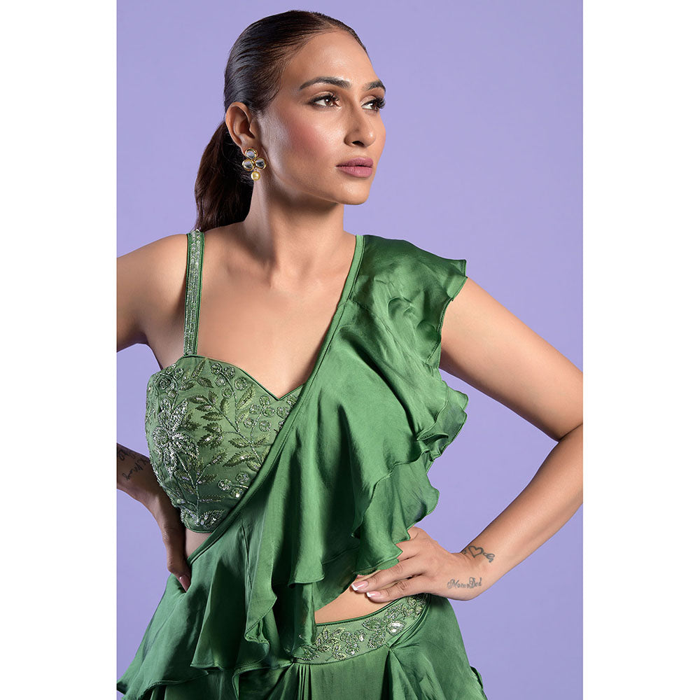 "Two Sisters" by Gyans Green Embellished Pre-Draped Saree with Blouse & Belt