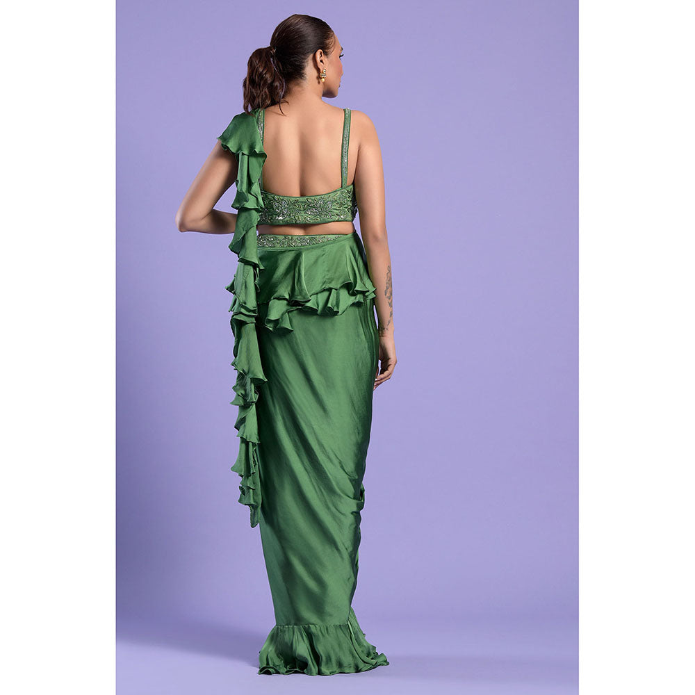 "Two Sisters" by Gyans Green Embellished Pre-Draped Saree with Blouse & Belt
