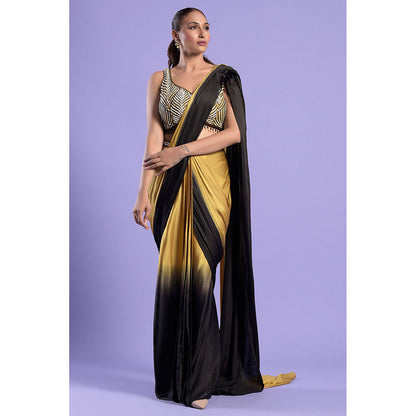 "Two Sisters" by Gyans Gold & Black Pre-Stitched Blouse with Pre-Draped Saree