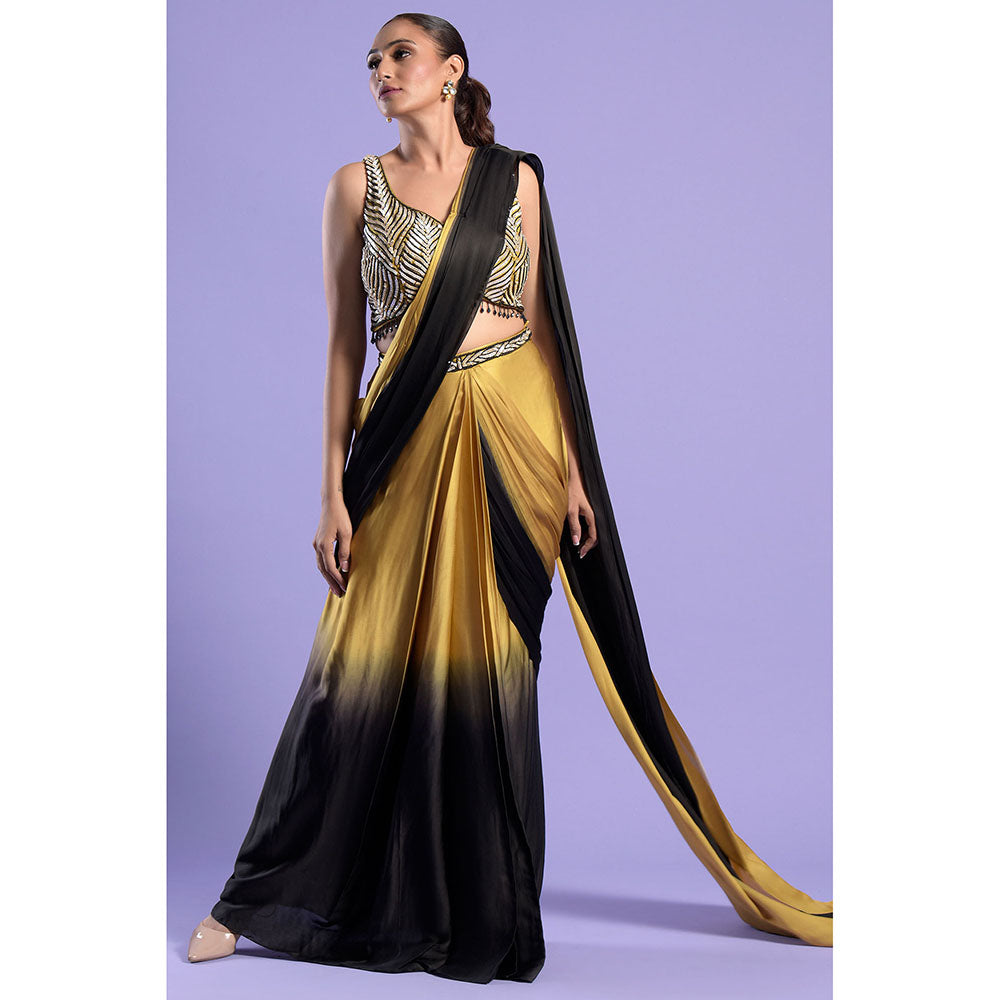 "Two Sisters" by Gyans Gold & Black Pre-Stitched Blouse with Pre-Draped Saree