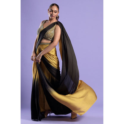 "Two Sisters" by Gyans Gold & Black Pre-Stitched Blouse with Pre-Draped Saree