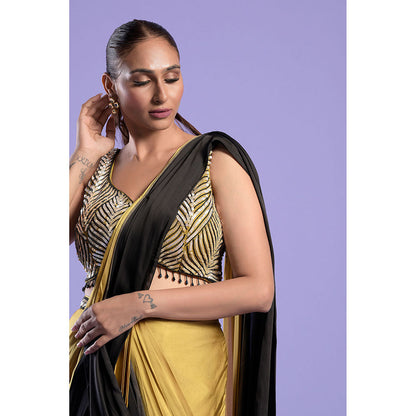 "Two Sisters" by Gyans Gold & Black Pre-Stitched Blouse with Pre-Draped Saree