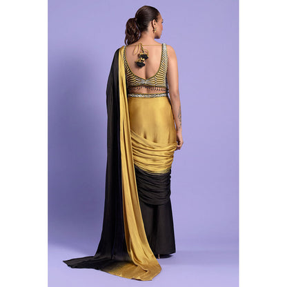 "Two Sisters" by Gyans Gold & Black Pre-Stitched Blouse with Pre-Draped Saree