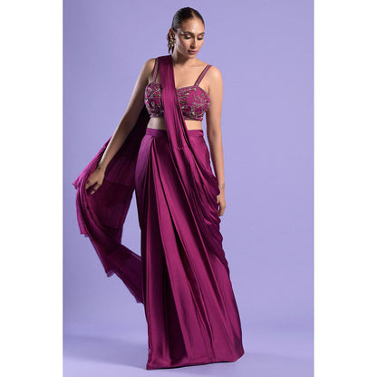 "Two Sisters" by Gyans Wine Satin Stitched Blouse with Pre-Draped Saree