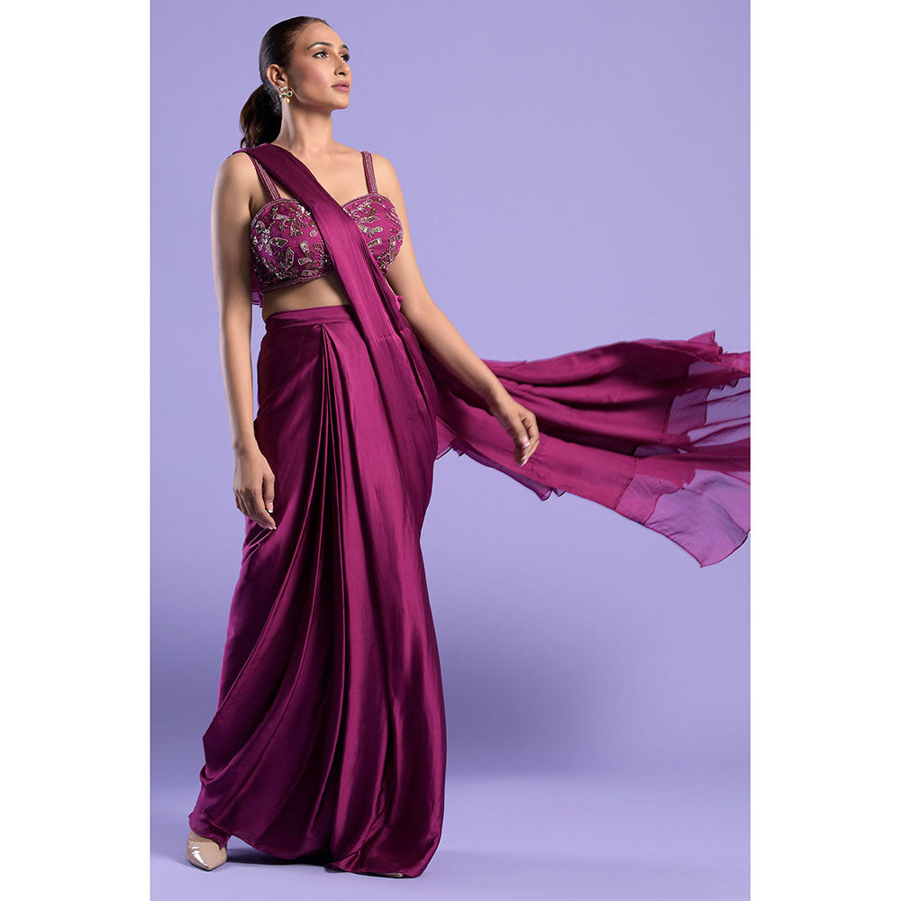 "Two Sisters" by Gyans Wine Satin Stitched Blouse with Pre-Draped Saree
