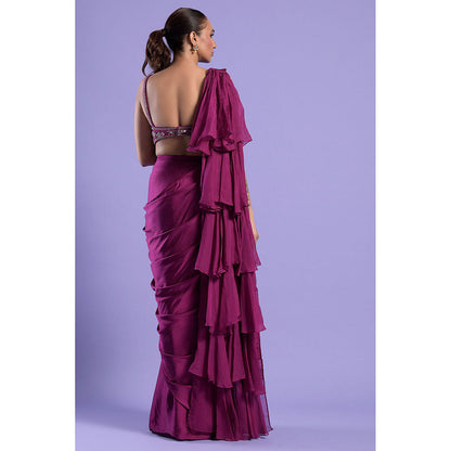 "Two Sisters" by Gyans Wine Satin Stitched Blouse with Pre-Draped Saree