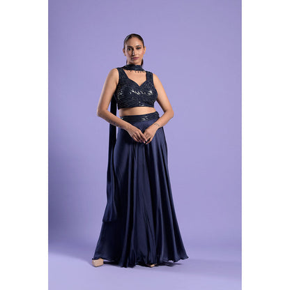 "Two Sisters" by Gyans Midnight Blue Satin Blouse with Palazzo & Dupatta (Set of 3)