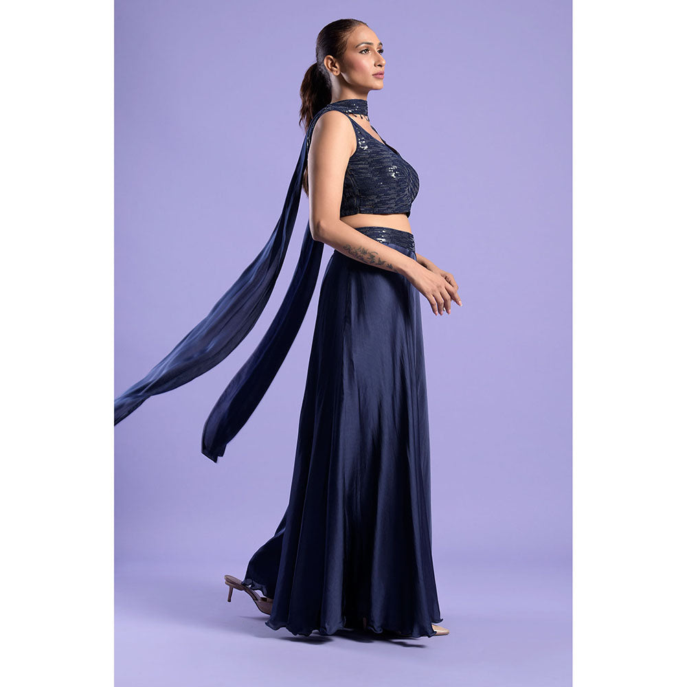 "Two Sisters" by Gyans Midnight Blue Satin Blouse with Palazzo & Dupatta (Set of 3)