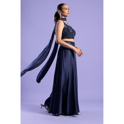 "Two Sisters" by Gyans Midnight Blue Satin Blouse with Palazzo & Dupatta (Set of 3)