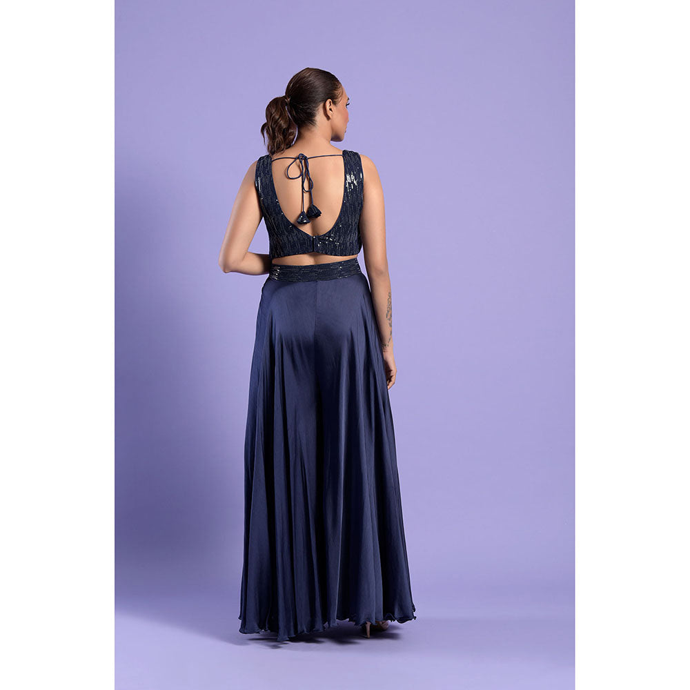 "Two Sisters" by Gyans Midnight Blue Satin Blouse with Palazzo & Dupatta (Set of 3)