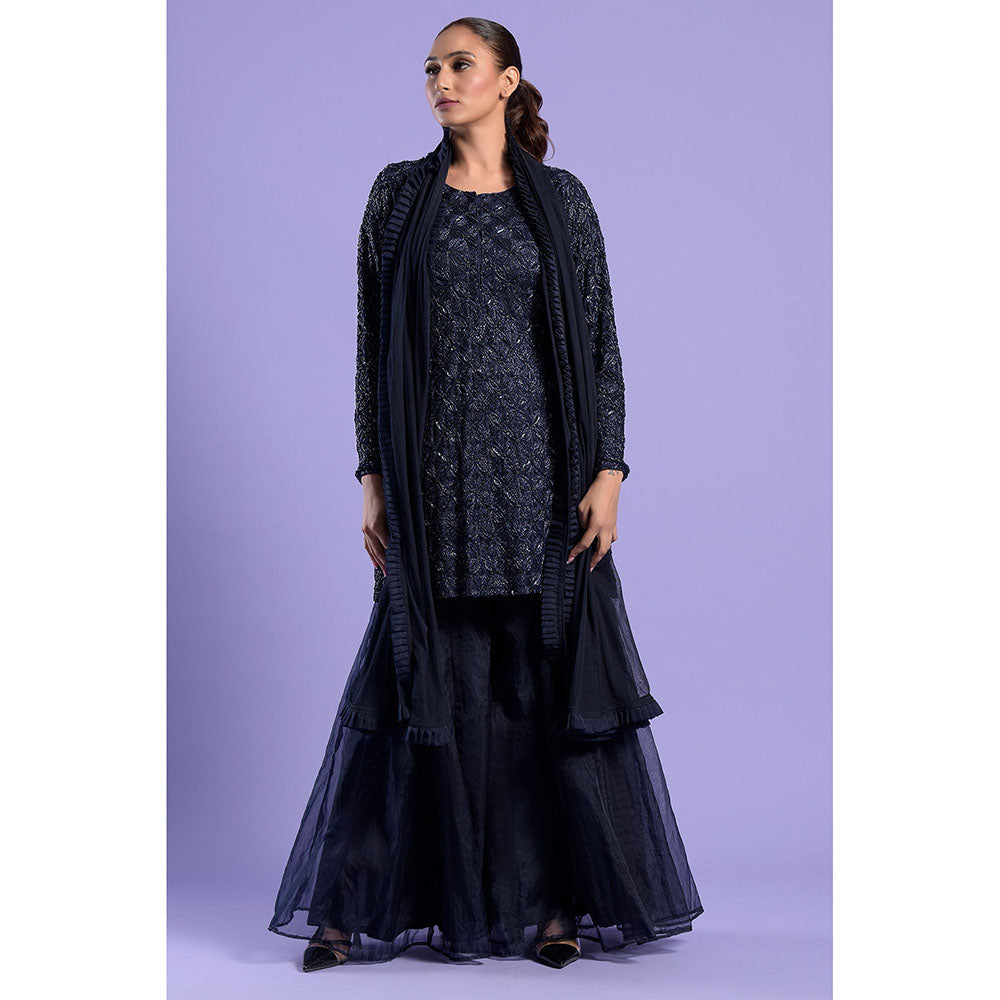 "Two Sisters" by Gyans Navy Blue Cut Dana & Sequins Kurta with Sharara & Dupatta (Set of 3)