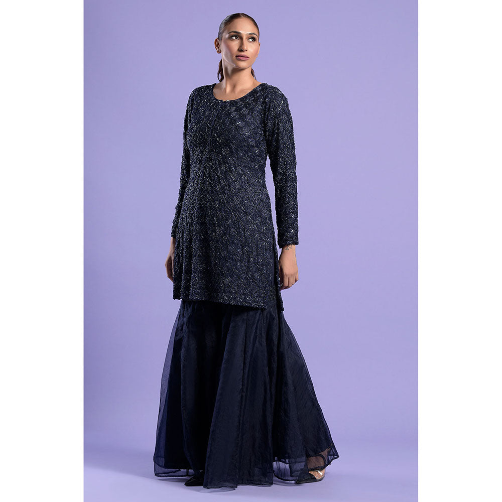 "Two Sisters" by Gyans Navy Blue Cut Dana & Sequins Kurta with Sharara & Dupatta (Set of 3)