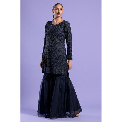 "Two Sisters" by Gyans Navy Blue Cut Dana & Sequins Kurta with Sharara & Dupatta (Set of 3)
