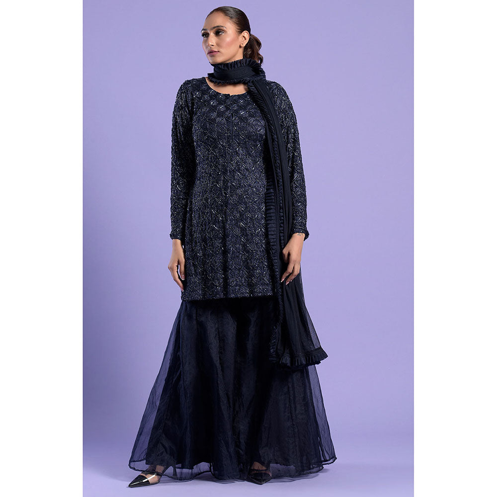 "Two Sisters" by Gyans Navy Blue Cut Dana & Sequins Kurta with Sharara & Dupatta (Set of 3)