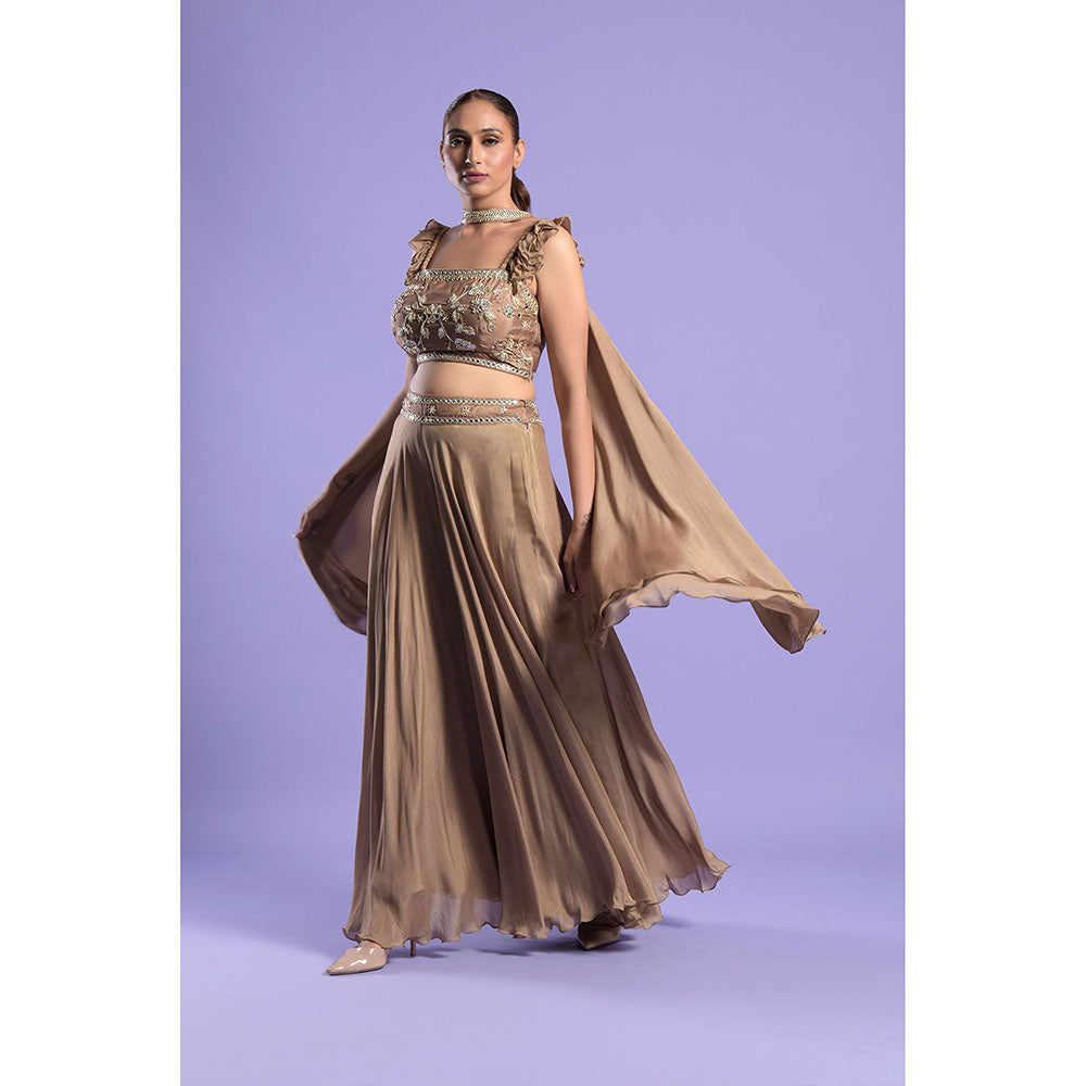 "Two Sisters" by Gyans Gold Crepe Crop Top with Palazzo & Dupatta (Set of 3)