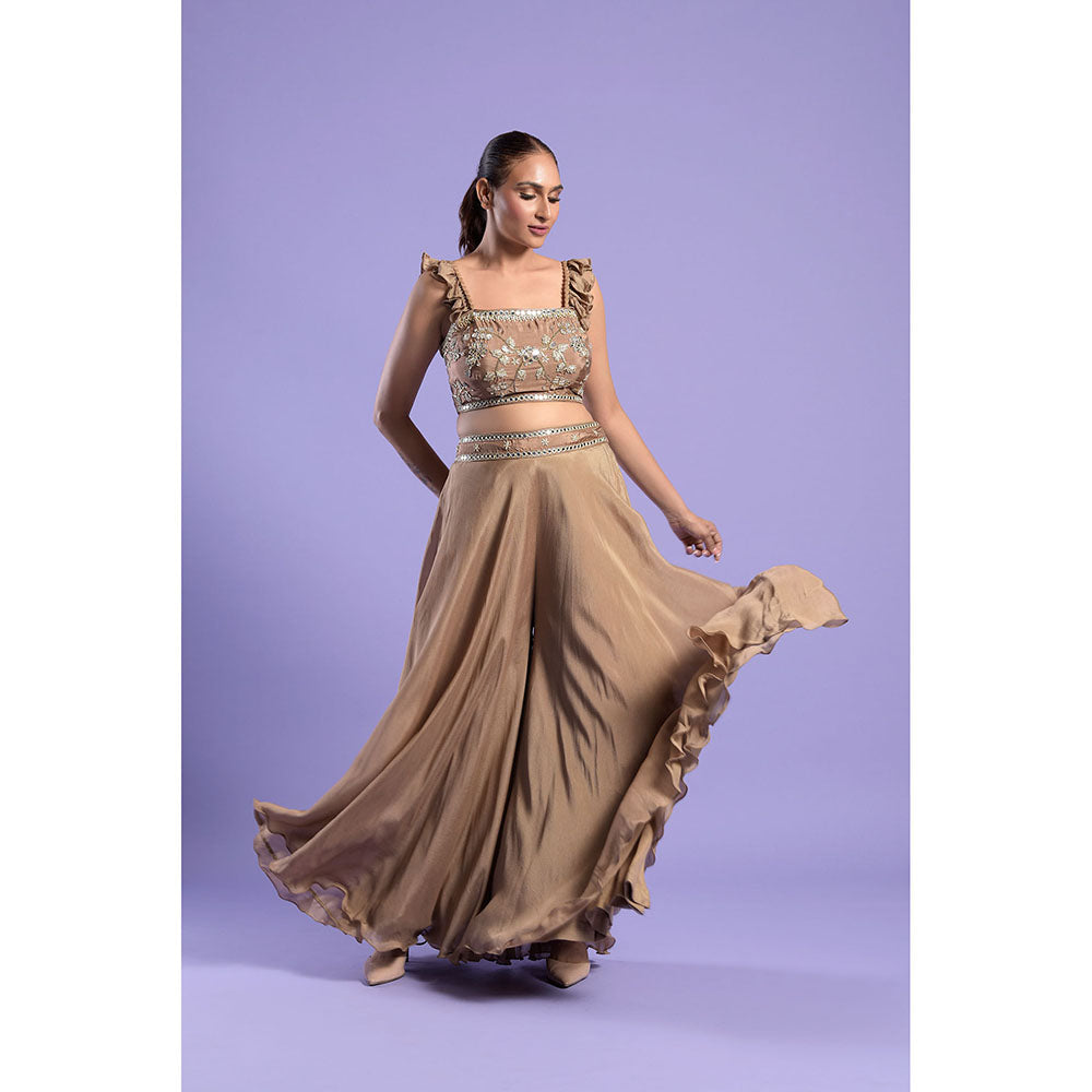 "Two Sisters" by Gyans Gold Crepe Crop Top with Palazzo & Dupatta (Set of 3)