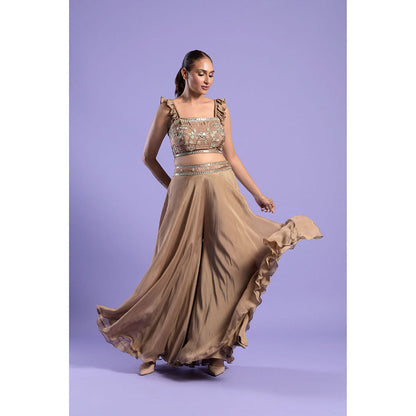 "Two Sisters" by Gyans Gold Crepe Crop Top with Palazzo & Dupatta (Set of 3)