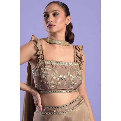 "Two Sisters" by Gyans Gold Crepe Crop Top with Palazzo & Dupatta (Set of 3)