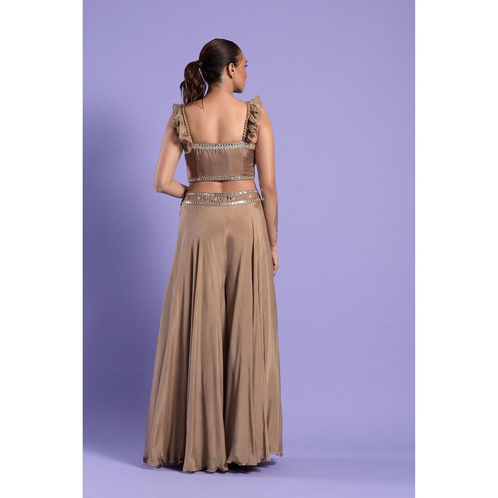 "Two Sisters" by Gyans Gold Crepe Crop Top with Palazzo & Dupatta (Set of 3)