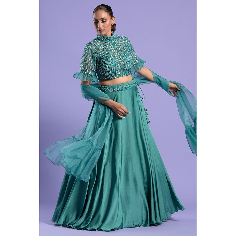 "Two Sisters" by Gyans Teal High Neck Crop Top with Dupatta & Skirt (Set of 3)