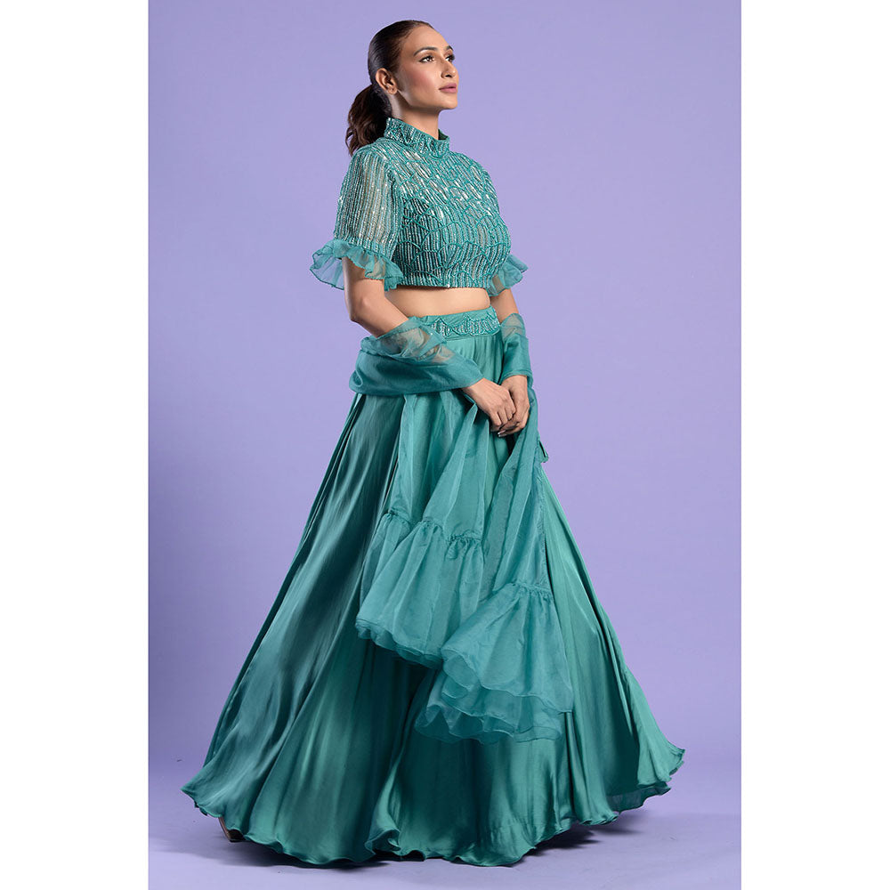 "Two Sisters" by Gyans Teal High Neck Crop Top with Dupatta & Skirt (Set of 3)