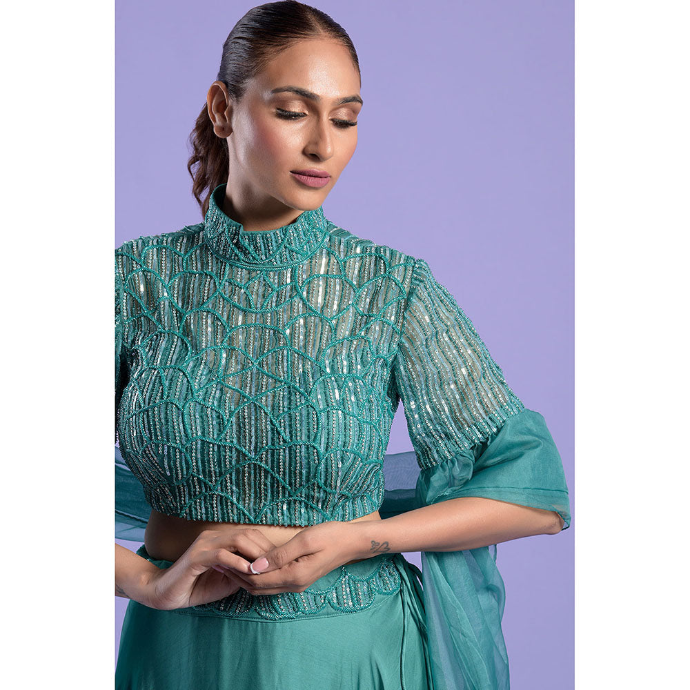 "Two Sisters" by Gyans Teal High Neck Crop Top with Dupatta & Skirt (Set of 3)