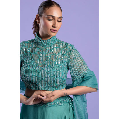 "Two Sisters" by Gyans Teal High Neck Crop Top with Dupatta & Skirt (Set of 3)