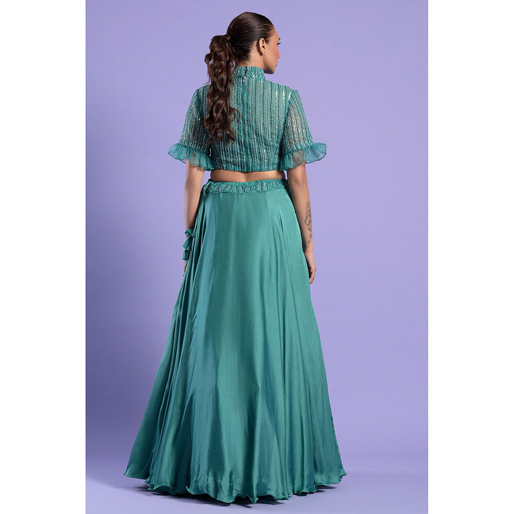 "Two Sisters" by Gyans Teal High Neck Crop Top with Dupatta & Skirt (Set of 3)