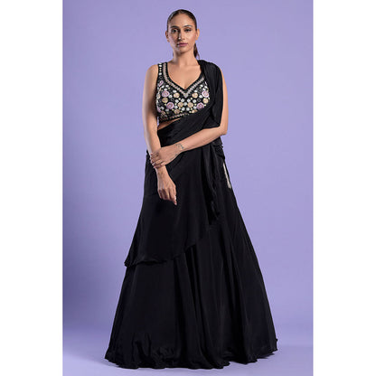 "Two Sisters" by Gyans Black Crepe Stitched Blouse with Kalidar Lehenga Saree