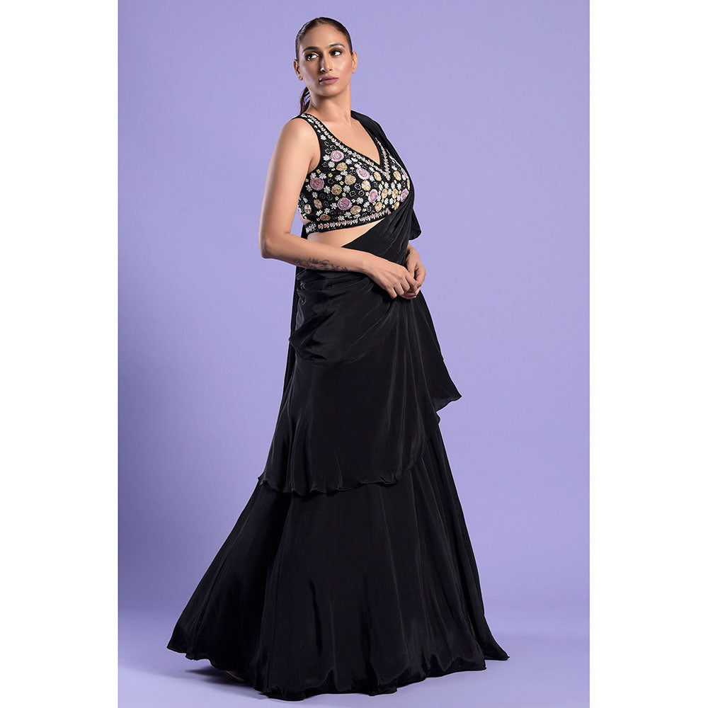 "Two Sisters" by Gyans Black Crepe Stitched Blouse with Kalidar Lehenga Saree