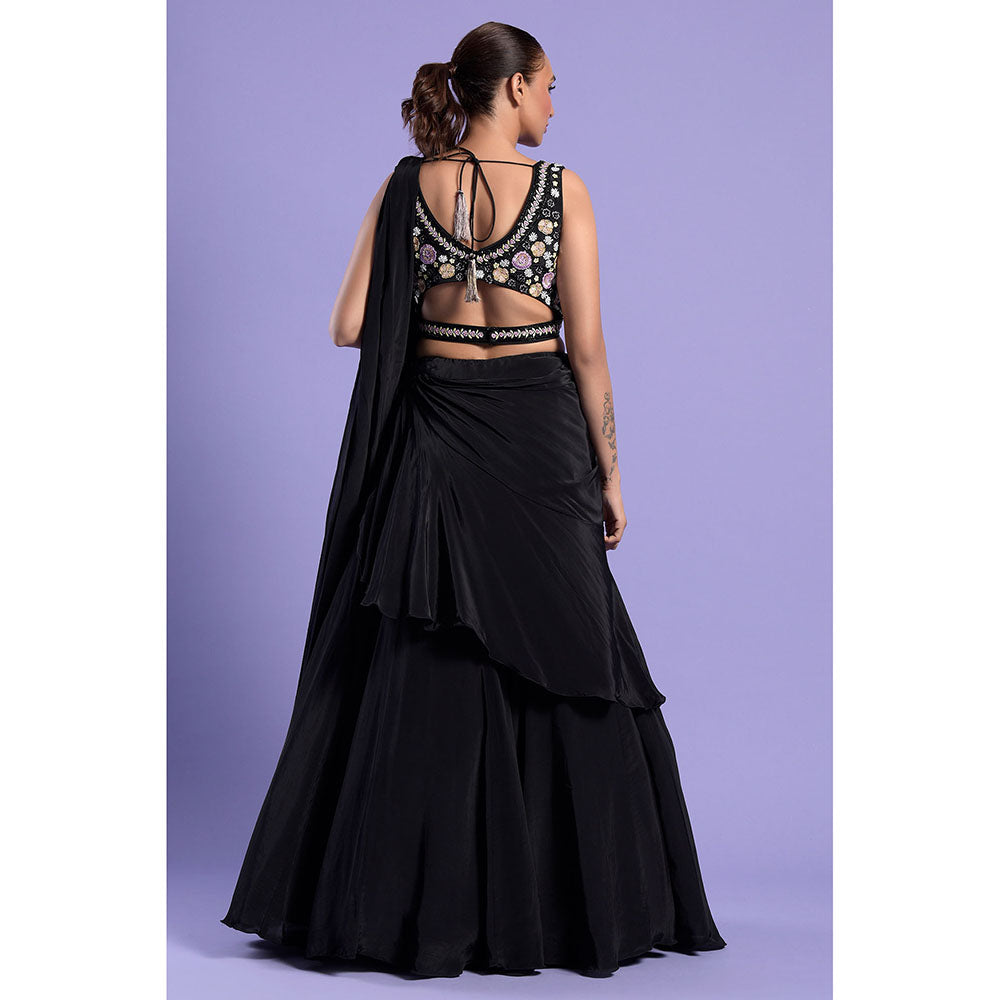 "Two Sisters" by Gyans Black Crepe Stitched Blouse with Kalidar Lehenga Saree