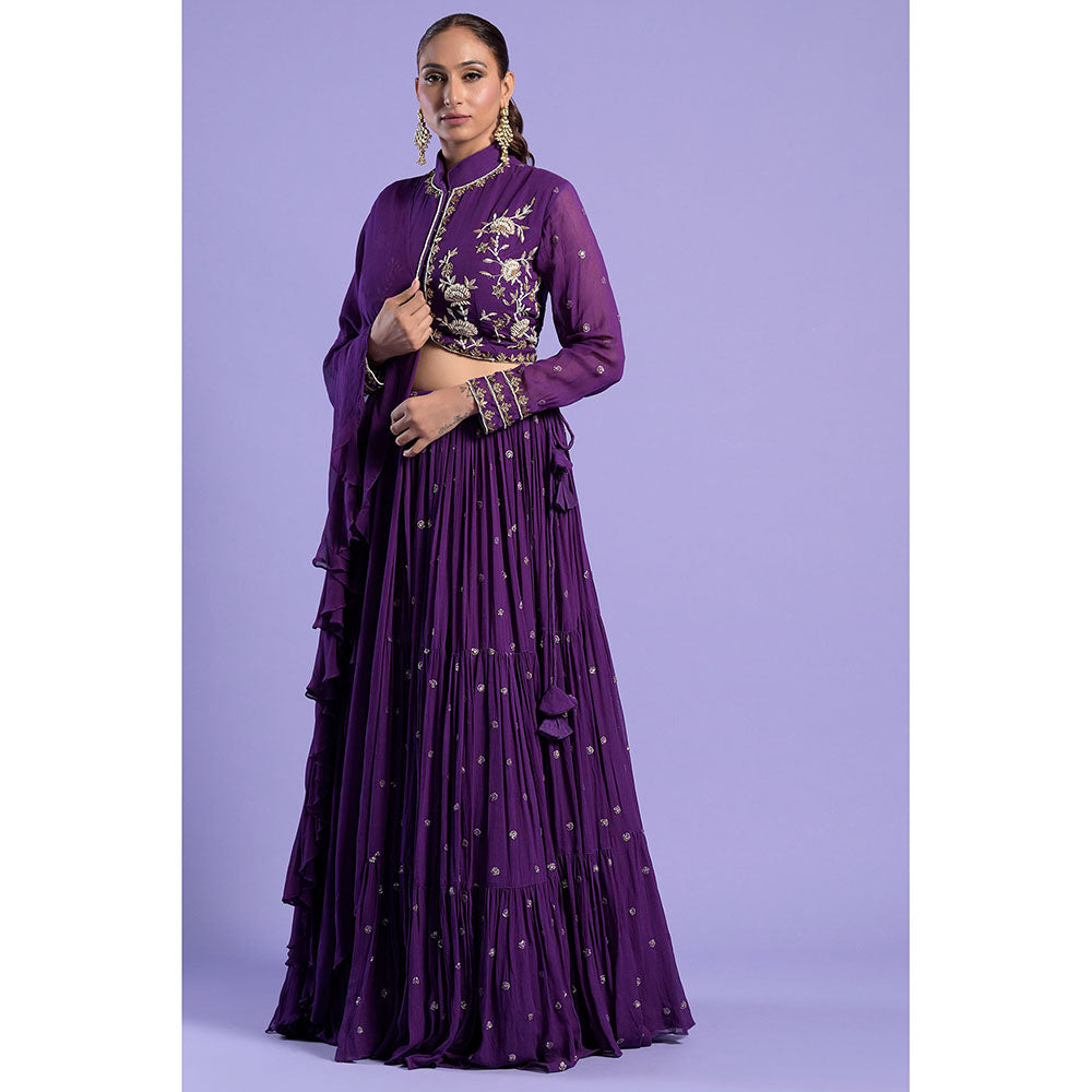 "Two Sisters" by Gyans Deep Purple Embellished Blouse & Lehenga with Dupatta (Set of 3)