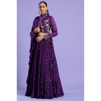 "Two Sisters" by Gyans Deep Purple Embellished Blouse & Lehenga with Dupatta (Set of 3)