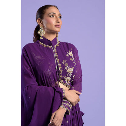 "Two Sisters" by Gyans Deep Purple Embellished Blouse & Lehenga with Dupatta (Set of 3)