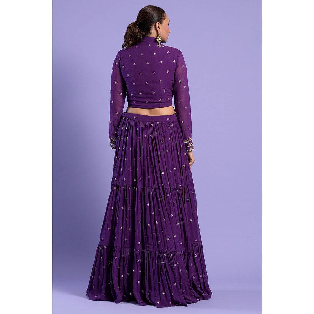 "Two Sisters" by Gyans Deep Purple Embellished Blouse & Lehenga with Dupatta (Set of 3)